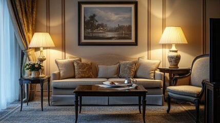 Living room interior with sofa, armchair, table and glowing lamps in the evening. soft tones