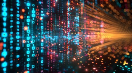 Vibrant illuminated binary code wall with rainbow-colored lights reflecting on a polished floor, showcasing futuristic digital technology and modern aesthetics.