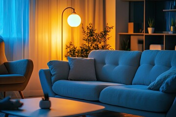 Living room interior with sofa, armchair, table and glowing lamps in the evening. soft tones
