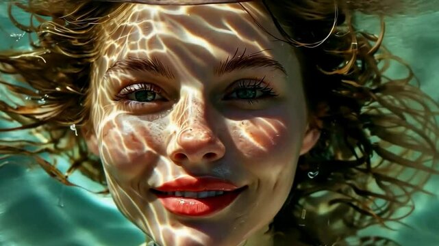 the face of a young woman under water. Light highlights and patterns from the sun's rays play on her face and hair, creating an interesting effect.