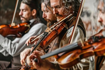 Musicians performing violin melodies outdoors during a summer festival in a vibrant public park