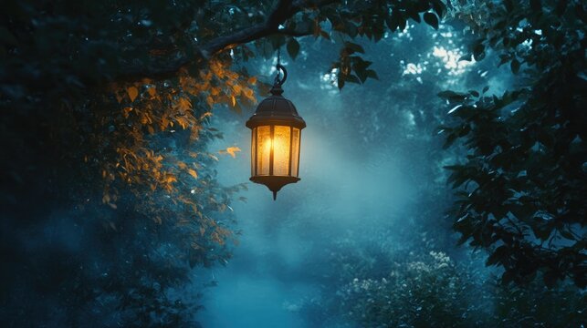 A softly lit lantern hanging in a quiet garden, surrounded by soft blue mist under the starry night sky.