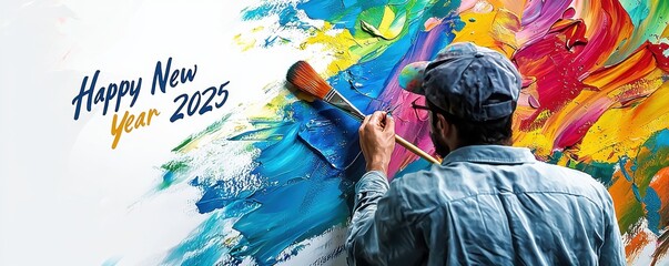 Fototapeta premium Artist painting vibrant Happy New Year 2025 mural