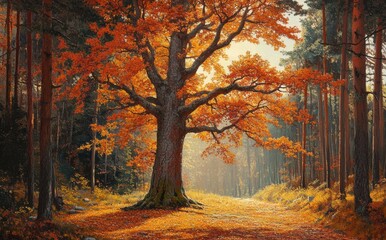 Obraz premium Majestic Oak Tree in Autumn Foliage Surrounded by Dense Forest with Sunlight Filtering Through Colorful Leaves and Creating an Enchanting Atmosphere