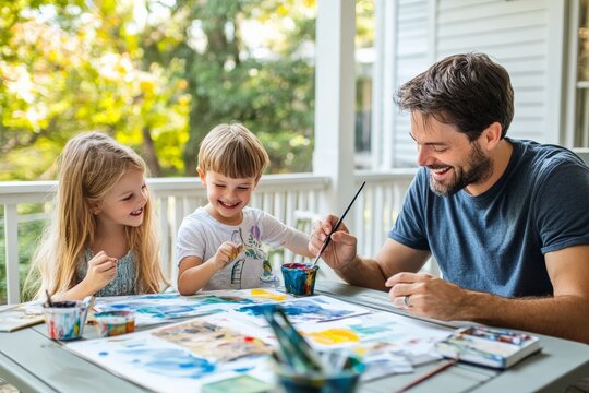 A father and his two young children enjoy painting together on a porch, surrounded by nature, capturing a joyful family moment of creativity and bonding.
