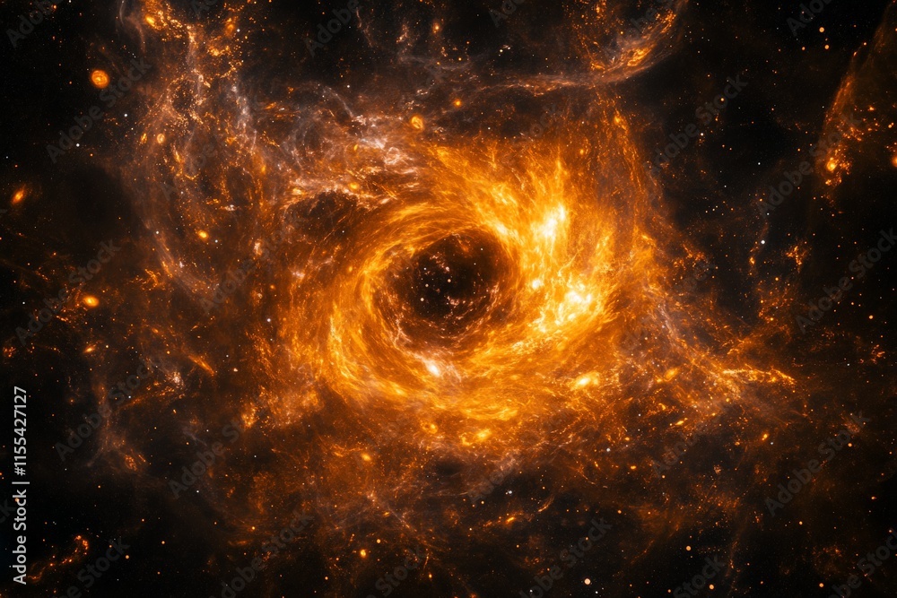 Poster an intense fiery vortex spirals through deep space, capturing chaos and cosmic beauty, representing 