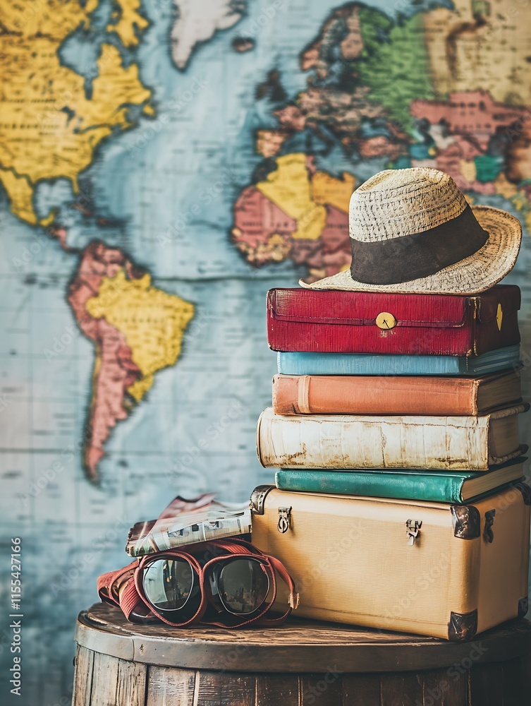 Poster wanderlust and exploration old books and globe with travel accessories : generative ai