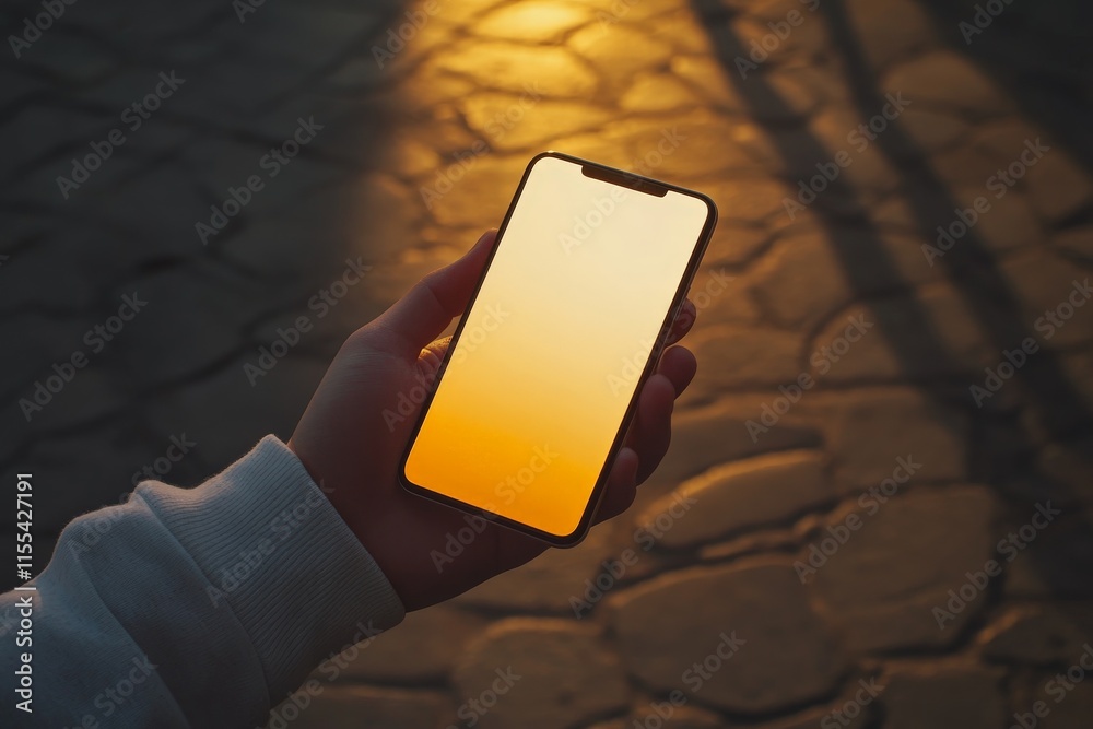 Poster a smartphone displays a golden glow from the setting sun against a cobblestone path, embodying tranq