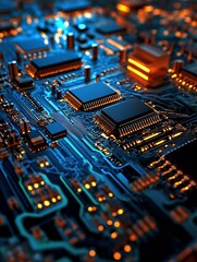 Intricate Circuit Board Closeup with Glowing Elements Demonstrating Advanced Electronics and Technology : Generative AI