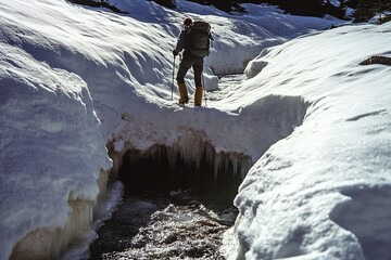 A determined hiker navigates a challenging snowy ravine, cautiously crossing icy water, reflecting the rugged beauty and demanding nature of winter trekking.