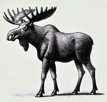 recommend clip art: A detailed black and white line drawing of a moose standing in profile view
