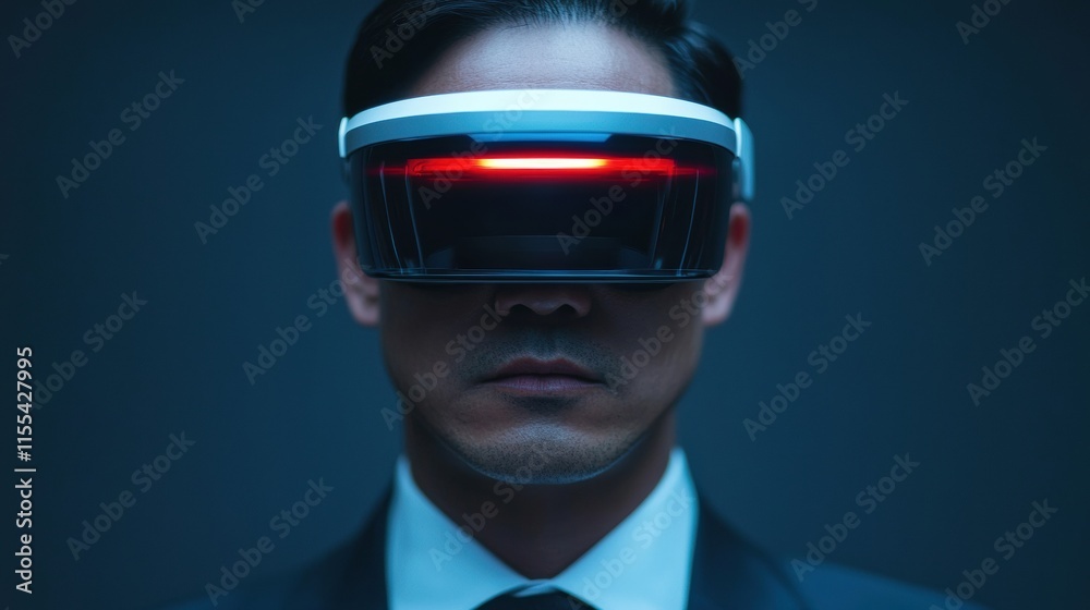 Poster businessman experiencing augmented reality using a headset with glowing red display, showcasing futu