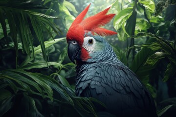 A vibrant image showcasing a parrot with a striking red crest amidst lush green jungle foliage, capturing the beauty of nature's diversity and vivid colors.