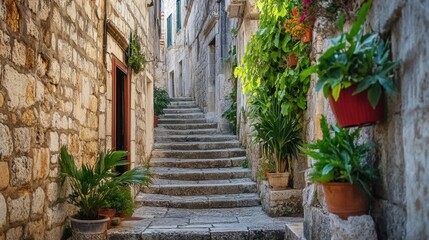 Obraz premium Ancient Stone Alleyway with Lush Greenery