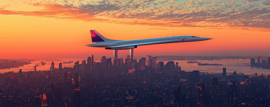 Supersonic jet flying over New York City skyline at sunset