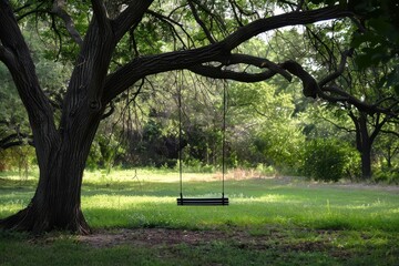 Swing hanging from a sturdy tree in a serene park setting surrounded by lush greenery and sunlight filtering through branches