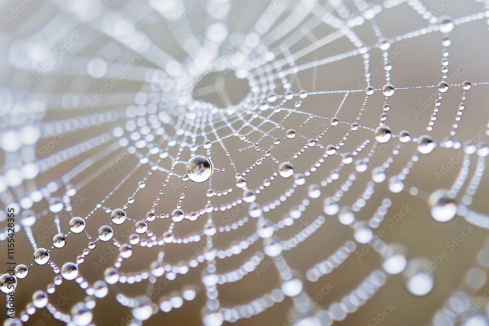 Poster web glistens with morning dew, showcasing intricate natural design and delicate drops in soft light 