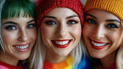 Fototapeta premium Three Young Women in Colorful Winter Hats Smiling
