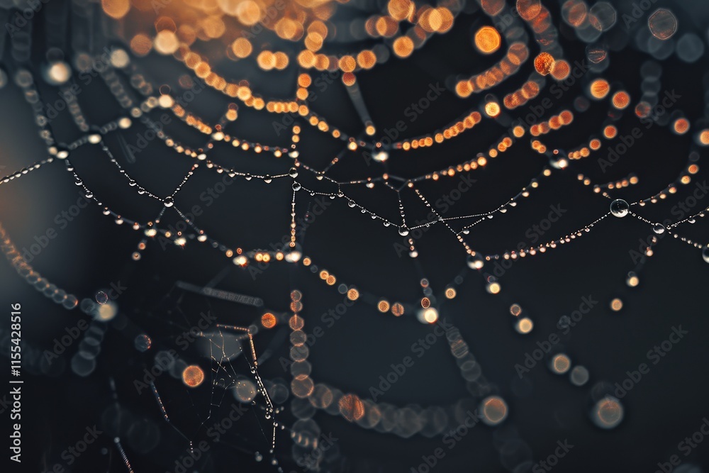 Poster web glistens with morning dew, showcasing intricate natural design and delicate drops in soft light 