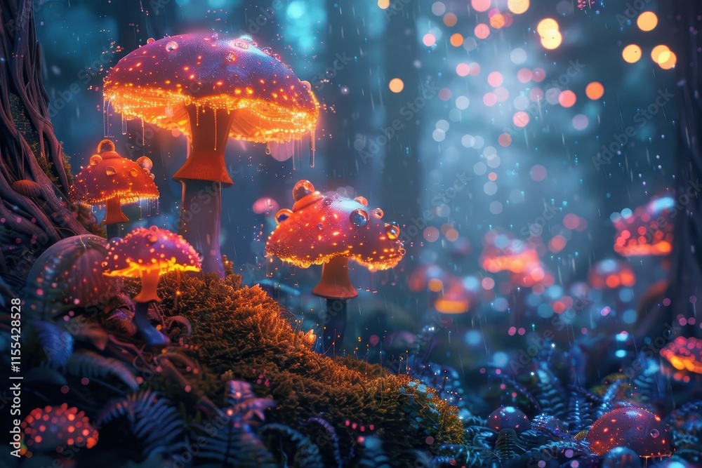 Poster colorful glowing mushrooms illuminate a mystical forest at twilight, creating a dreamy atmosphere