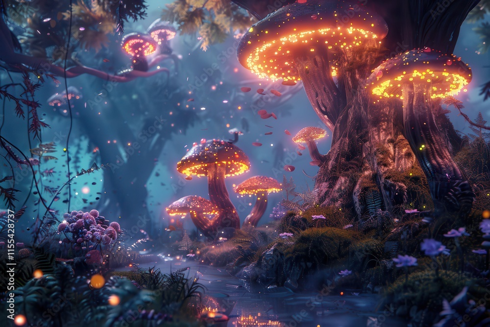 Poster colorful glowing mushrooms illuminate a mystical forest at twilight, creating a dreamy atmosphere