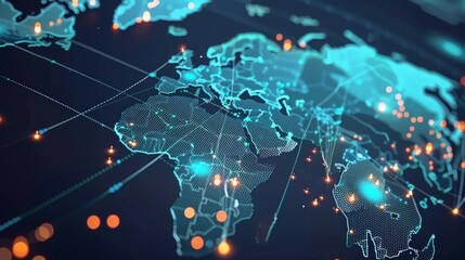 Digital world map with glowing blue grid and data points, showcasing futuristic technology and global connectivity concepts.