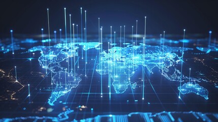 Digital world map with glowing blue grid and data points, showcasing futuristic technology and global connectivity concepts.