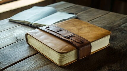 A leather-bound journal and an open notebook on a wooden table.