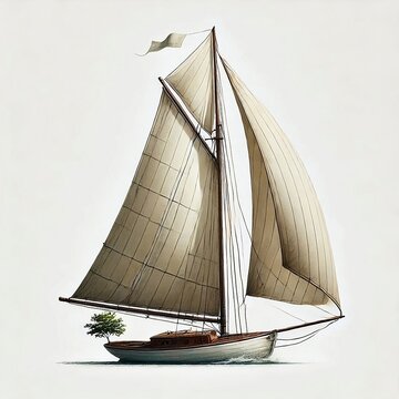 A vintage illustration of a Friendship Sloop, a classic sailboat with a gaff rig, sailing on the water.
