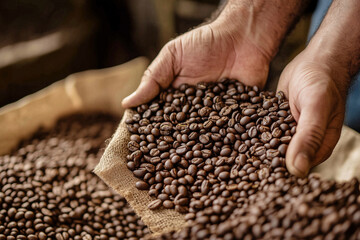 hand is reaching into a pile of coffee beans. The beans are scattered all over the table, and the hand is trying to pick them up. Concept of curiosity and exploration