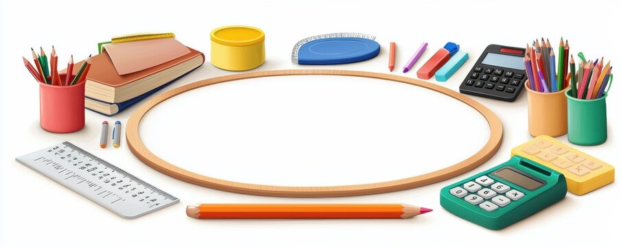 Colorful school supplies arranged around a wooden ring frame - Powered by Adobe