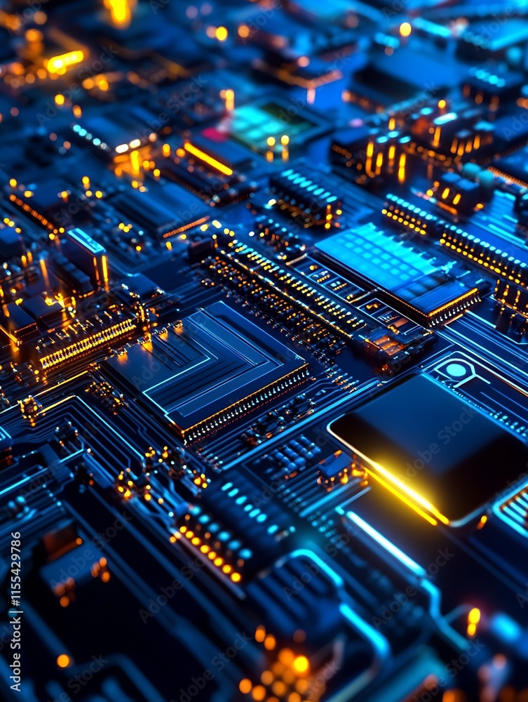 Aufkleber Glowing Electronic Circuit Board with Neon Elements in Tech Futuristic Environment : Generative AI