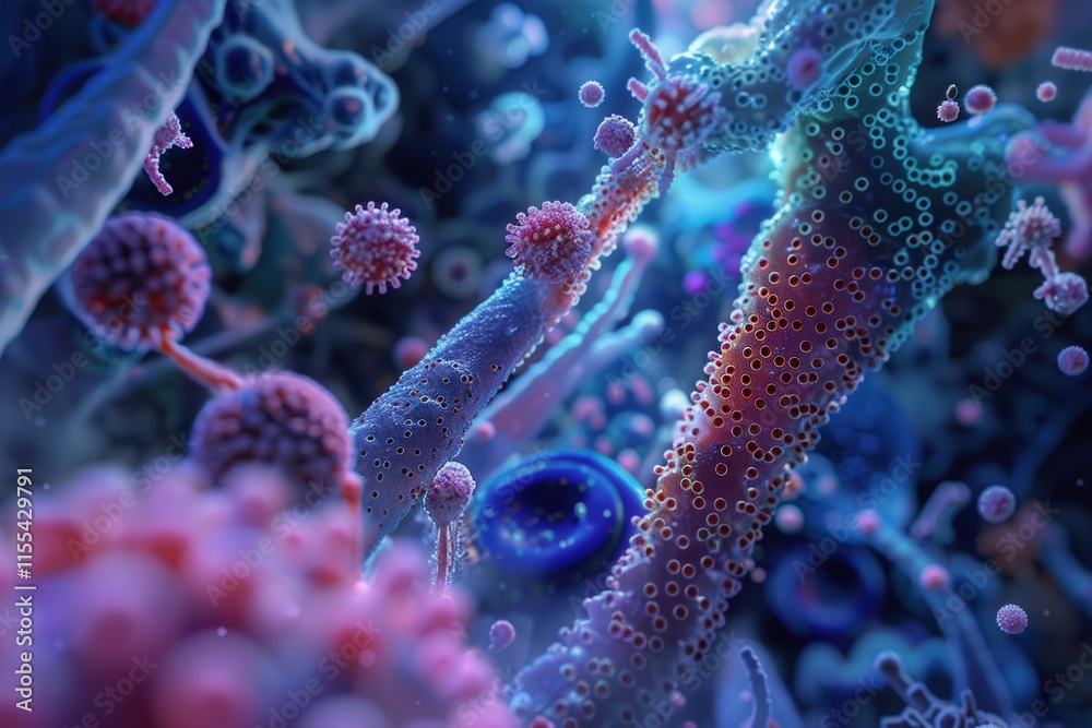 Poster Microscopic view reveals vibrant details of cellular structures and pathogens in a dynamic biological environment