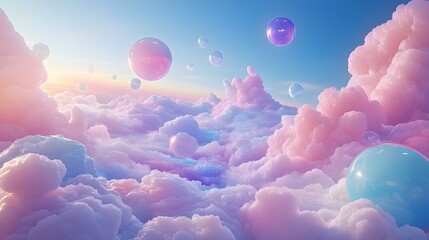 Colorful dreamy clouds in a cotton candy sky, vibrant pastel colors, soft fluffy formations, rainbow gradient atmosphere, ethereal cloudscape, turquoise and pink hues, surreal background.