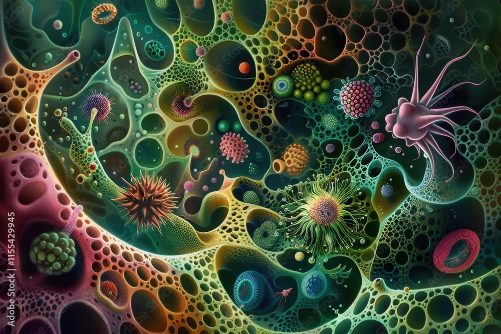 Poster Microscopic view reveals vibrant details of cellular structures and pathogens in a dynamic biological environment