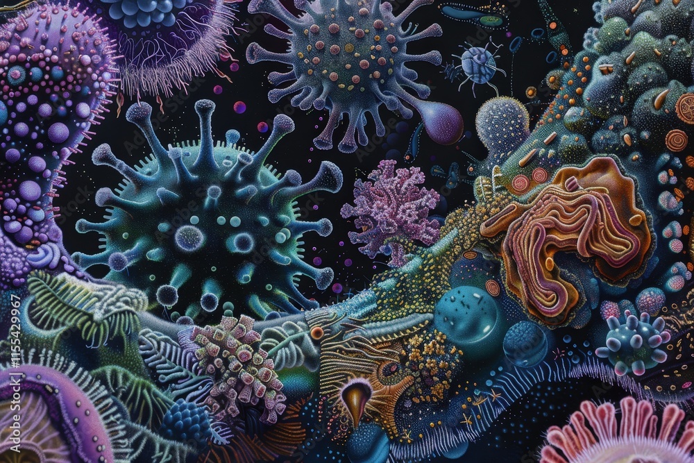 Poster Microscopic view reveals vibrant details of cellular structures and pathogens in a dynamic biological environment