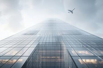 Obraz premium Modern skyscraper rising under a clear sky with airplane