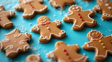Decorated festive gingerbread cookies with colorful frosting.