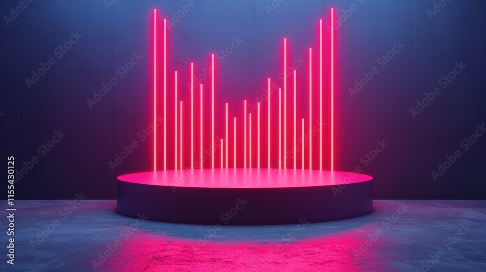 Poster pink neon lights illuminating a round podium on a dark stage, creating a futuristic and vibrant atmo