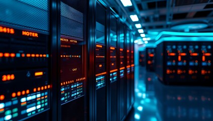 Illuminated Server Room Servers Displaying Data