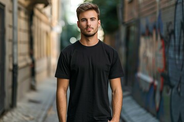 Handsome young man wearing a black t shirt standing in an urban setting, showcasing a casual and stylish look