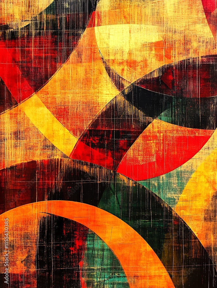 Poster abstract vibrant geometric shapes in bold reds and yellows textured art : generative ai