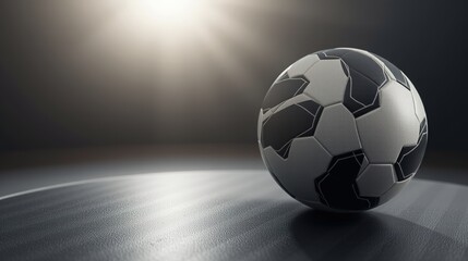 Fototapeta premium Soccer ball on dark reflective surface with dramatic lighting.