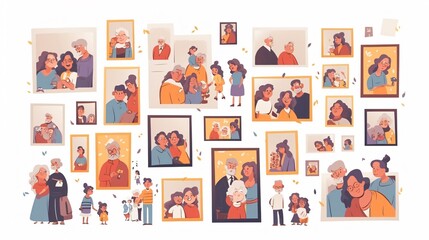 Happy Big Family Smiling Portrait Photos Displayed in Frames on Wall