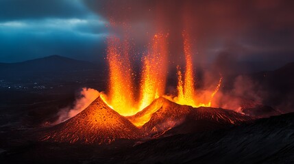 Fototapeta premium Intense Volcanic Eruption with Lava Fountains Illuminating Dark Sky : Generative AI
