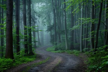 Obraz premium Serene forest pathway surrounded by lush greenery and fog in the early morning light