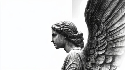 A beautifully crafted stone angel statue displays a peaceful expression, symbolizing serenity, protection, and timeless beauty in a monochrome artistic style.