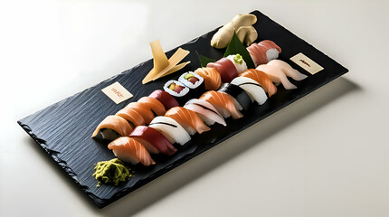Japanese sushi platter on a rectangular black slate plate.