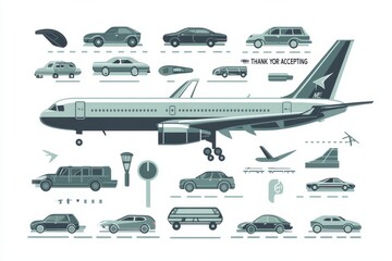 Minimalist  design featuring airplane and various vehicles