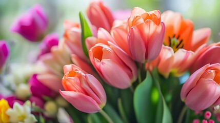Springtime Tulip Bouquet Featuring Pink and Orange Blooms with Green Leaves : Generative AI